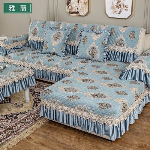 Luxury Blue Jacquard Chenille Sofa Cover Anti-slipLace Sofa Towel Slipcover Cushion Backrest Pillow Case Combination Kit