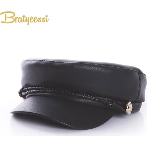 PU Leather Mother Kids Hat for Girls Flat Top Children Hat Spring Autumn Winter Hat for Kids Cap Military Hats