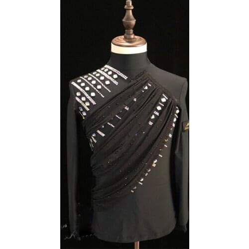 Latin Dance Shirts Shiny Rhinestones Custom Competition Top Male Adult Cha Cha Rumba Samba Tango Salsa Stage Wear Men DNV12701