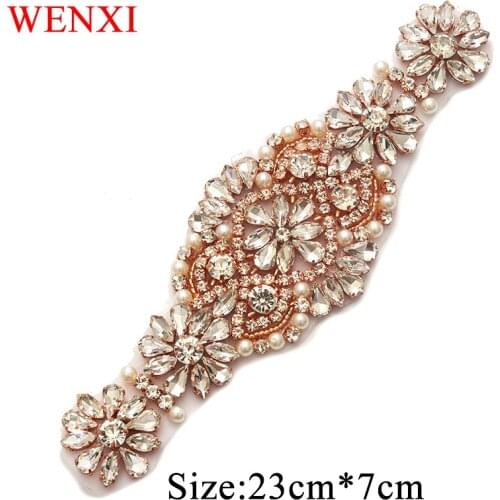 WENXI (1 pcs) Handmade Rose Gold Crystal Rhinestones Appliques Sewing On For Wedding Dress Sash Accessory