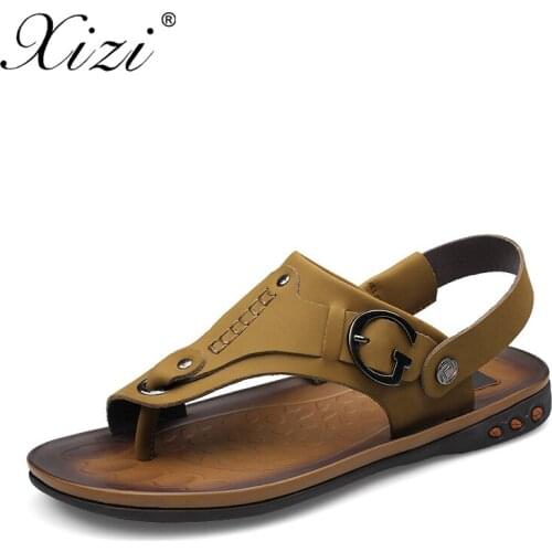 XIZI Summer Mens Sandals High Quality Full Grain Leather Mens Shoes Slippers Beach Walking Casual outdoor men sandal Size 37-46