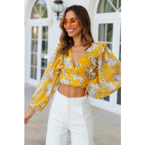 Women Yellow Floral Print Crop Tops Lantern Long Sleeve Wrap Blouses Shirts V Neck Back Tie Knot Shirts