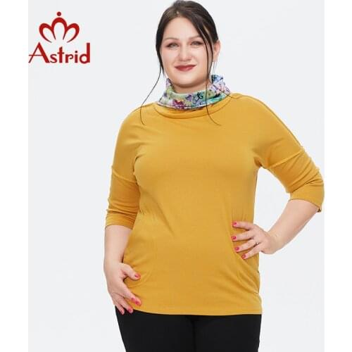 Astrid Womens t-shirt 2021 Cotton Top Female Oversized Clothing Vintage Fashion Contrasting lapel Trends Yellow Tees Blouses