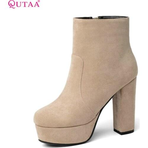 QUTAA 2020 Women Ankle Boots Square High Heel Fashion Winter Shoes Platform Al Match Flock Square Toe Women Boots Size 34-43