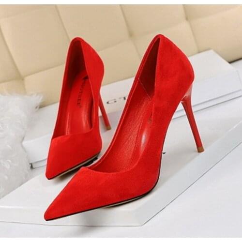 Spring and Autumn New Ladies High Heels Fashion Sexy Simple Fine with Suede Shallow Mouth Pointed Womens Shoes Large Size