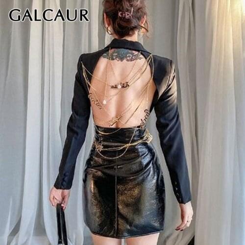 GALCAUR Back Patchwotk Metal Chain Womens Blazer Coat Lapel Collar Long Sleeve Hollow Out For Female Causal Coat Fashiont Tide