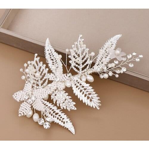 Silver Color Leaf Women Headpiece Bridal Flower Hair Clip Piece Accessories Handmade Crystal Wedding Hair Ornament