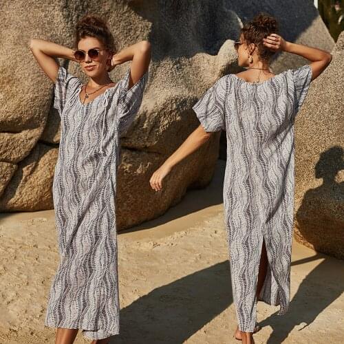 Women Vintage Striped Print Short Sleeve Long Dress Summer Elegant Casual Loose V-neck Drawstring Decor Robe Maxi Vestidos Femme