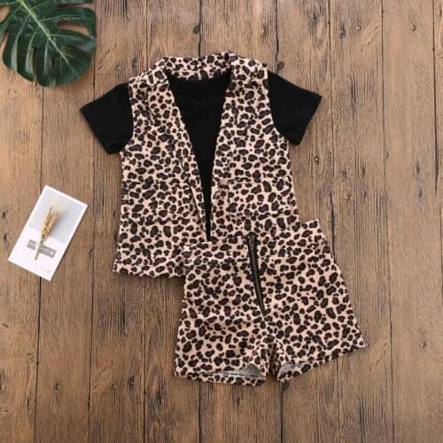 3PCS Fashion Summer Toddler Baby Girl Leopard Clothes Jacket+Short Sleeve Tops T-Shirt+Short Pants Outfits 1-6Years