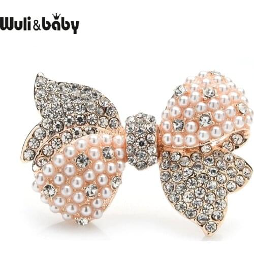 Wuli&baby Sparkling Rhinestone Pearl Bowknot Broocohes For Women Flower Weddings Party Office Brooch Pins Gifts