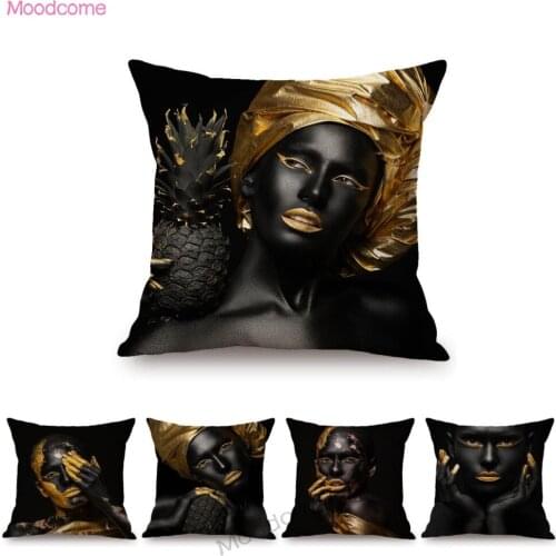Black Gold African Lady Girl Style Modern Fashion Living Room Luxury Looking Decoration Art Sofa Pillow Case Linen Cushion Cover