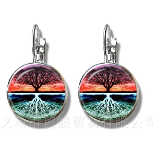Tree Of Life Glass Cabochon Yin Yang Earrings 16mm Glass Dome Handmade Trendy Silver Plated Stud Earrings For Women Gift