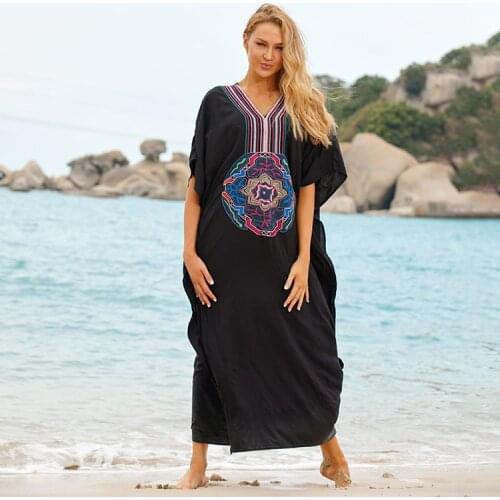 Embroidery Cotton Beach Cover Up Saida De Praia Swimsuit Women Loose Bikini Cover Up Tunics for Beach Pareo Sarong Beachwear