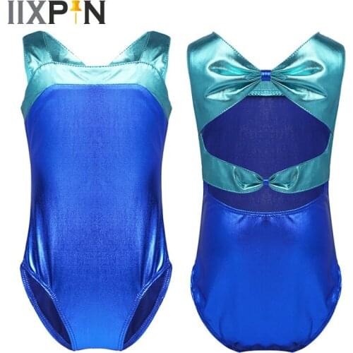 IIXPIN Kids Girls Ballet Leotard Sleeveless Splice Glittery Cutout Bowknot Back Ballet Dance Costume Gymnastics Leotard Jumpsuit