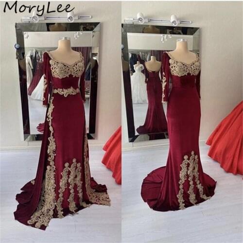 Red Prom Dresses V-Neck Long Sleeves Mermaid Lace Applique Crystal Velour Prom Dresses With Zipper vestidos de fiesta de noche