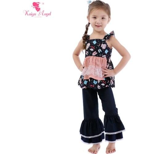 Kaiya Angel Hot Cute Baby Spring Summer Autumn Lace Black lipstick Top Denim Trousers Boutique Toddler Girls Clothing Set