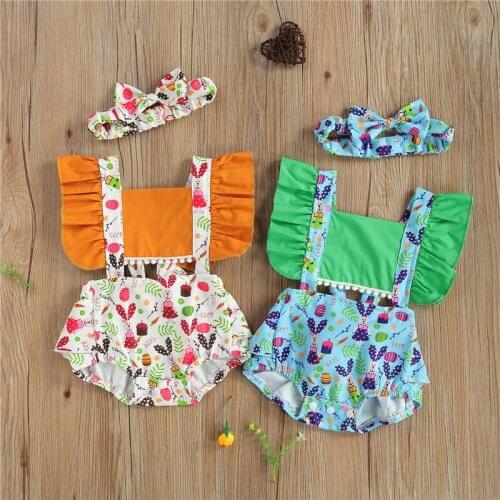 Lovely Summer Baby Girls Rompers Cartoon Rabbit Floral Print Ruffles Sleeve Backless Jumpsuits Headband