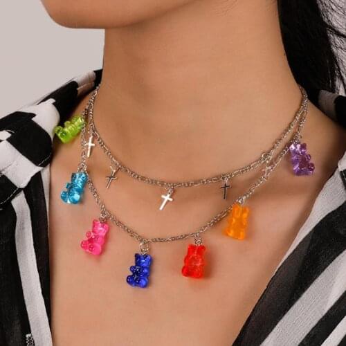 Multilayer Candy Color Cross Gummy Mini Bear Chain Necklaces for Women Cute Crtoon Animal Pendants Jewelry Femme Bijoux Collare