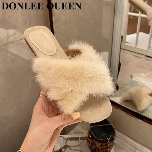 Fashion Real Fur Slippers Women Slip On Slides Home Furry Flat Sandals Female Cute Fluffy House Shoes Women Outdoor Slipper New