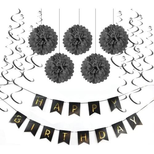 Black Paper Decoration Set (Happy Birthday Banner,Foil Swirls,Pom Poms) for Girls Boys Birthday Party First Birthday Baby Shower