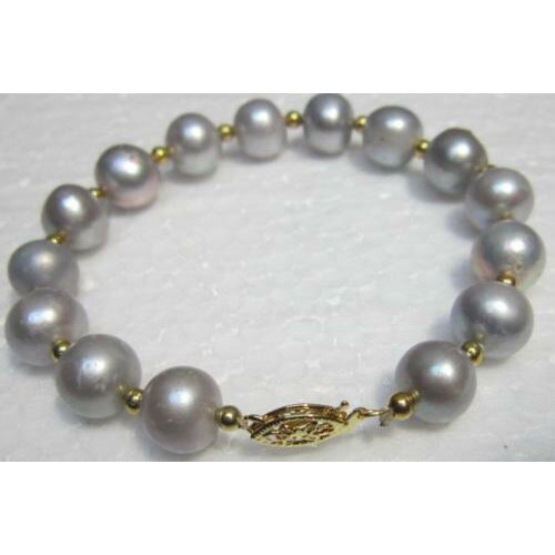 NATURAL 9-10MM ROUND SOUTH SEA GENUINE GRAY PEARL BRACELET 7.5-8"