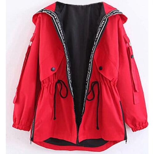 2019 Spring New Loose Womens Slim Hooded Windbreaker Letter Seven-point Sleeve Stand Collar Large Size Solid Color Coat