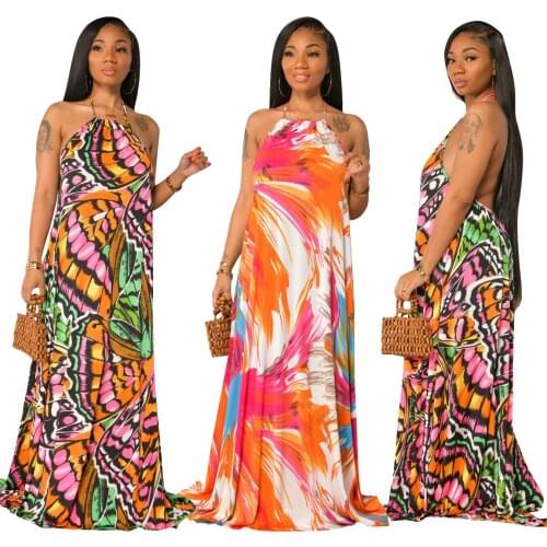 Bodycon Dress Sexy Casual Pattern Printing Halter Sleeveless Long Dress Maxi Dresses For Women 2021