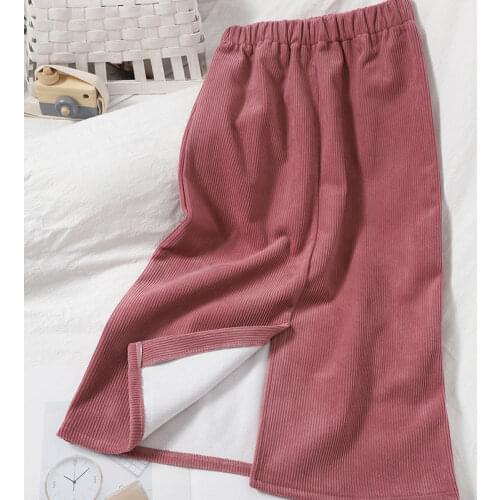 Fall Corduroy Skirt Womens Winter Thick Warm Back Split Straight Midi Skirts Elastic Waist Pink Black Sayas Largas de Mujer