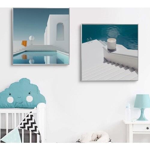Modern Swimming Pool Blue Pink Building Wall Art Canvas Painting Nordic Posters And Prints Pictures For Living Room Home Decor