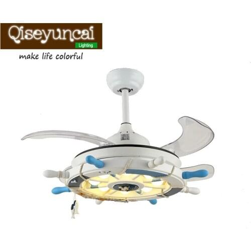 Qiseyuncai Wind vane ceiling fan light Restaurant childrens room light stealth Mediterranean rudder bedroom with fan chandelier