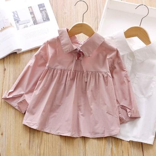 Spring Autumn Loose Casual Kids Girls Blouses Single Breasted Girls Shirts Lace Up Turn Down Collar Children Shirts 2-6T