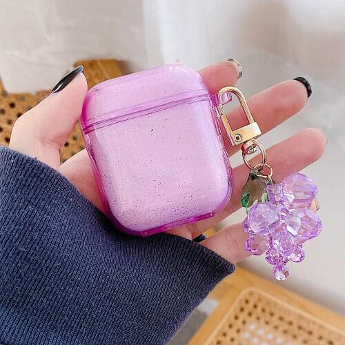 Cute Transparent Glitter Earphone Case For Apple Airpods 1 2 Pro 3 Pink Grape Key Ring KeyChain Silicone Soft Clear Cover Fundas