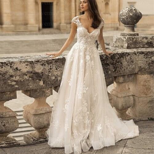 V Neck Wedding Dresses 2021 A Line Cap Sleeves Lace Appliques Vestidos De Novia Corset Back Sleeveless Bride Dresses Bridal Gown