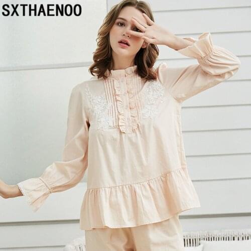 SXTHAENOO Autumn Fashion Soft Cotton Womens Long Sleeve Pajamas Sets Vintage Princess Sleepwear Sweet Pyjamas Home Wear