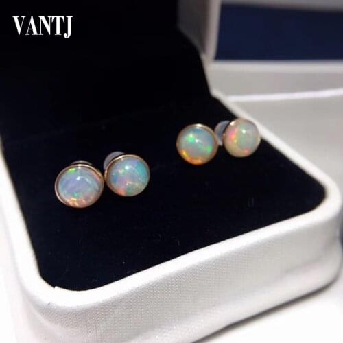 VANTJ Natural Rainbow Ehiopian Opal Stud Earring Sterling 10k Gold Real 585 Simple Elegant Fine Jewelry For Women Lady Gift Box