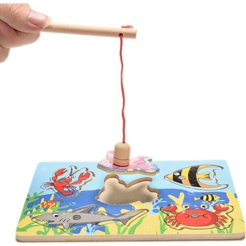 High quality Wooden mini ocean fun of the preschool magnetic fishing toy parent-child toys free shipping