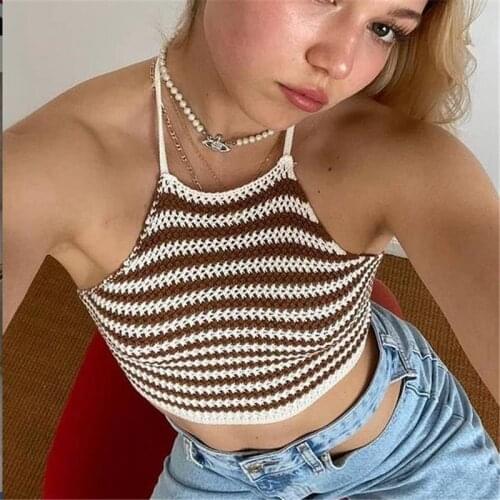 Women Halter Striped Knitted Crochet Camisole Casual Tied Up Sleeveless Backless Crop Tops Vest Summer Beach Tops Streetwear
