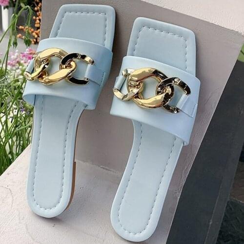 Women Slippers Summer Fashion Chain Design Open Toe Flat Shoes Solid Color Outdoor Personality 2021 Punk Sandals Women Shoes