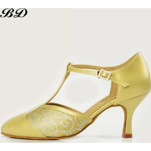 BD T22 Dance Shoes Ballroom Women Latin shoes Dancing Teachers Coaches SHOE Tango Genuine Leather Straight Sole Classical Gold