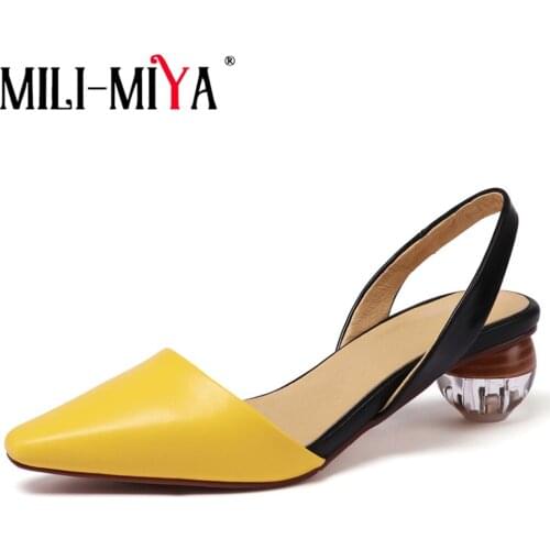 MILI-MIYA Sexy Large Size 34-41 Women Pumps Slingbacks Slip-On Cow Leather Strange Heels Crystal Spring/Summer Dress Party Shoes
