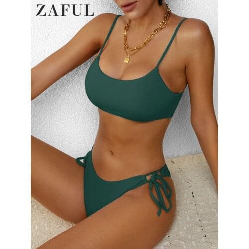 ZAFUL Ribbed Tie Cami Bikini Set Cheeky Swimwear Women Low Waist String Padded Bathing Suit Summer Sexy Female Beach Swimsuit