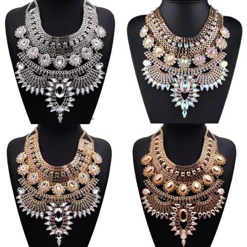 Boho Ethnic Big Bib Maxi Choker Necklaces Women Jewellery Indian Vintage Statement Crystal Rhinestone Large Collar Necklace Girl