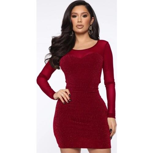 Ziamonga Long Sleeve Bodycon Dress Women Spring 2020 Mesh Patchwork Sparkling Sexy Dress Ladies Party Dress Vestidos Robes