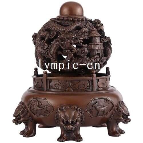100% Pure bronze red copper home fengshui beast nine dragon lion incense burner