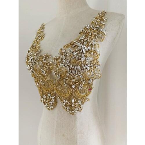 2pcs Gold Rhinestone bodice applique, crystal crafted applique, Large Delicated heavy bead applique