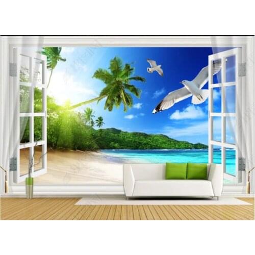 3d photo wallpaper custom mural Coconut seagull with sea view outside the window wallpaper for walls in rolls home decor