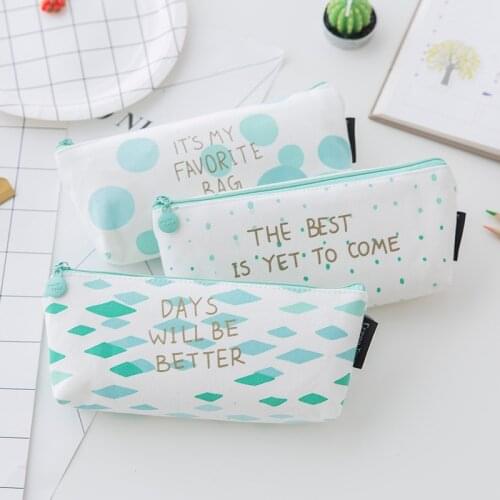 Teal Color Dots Strip Pattern Pencil Case Stationery Zipper Pencil Case Pen Bag for Students School Office Staff Storage Bag