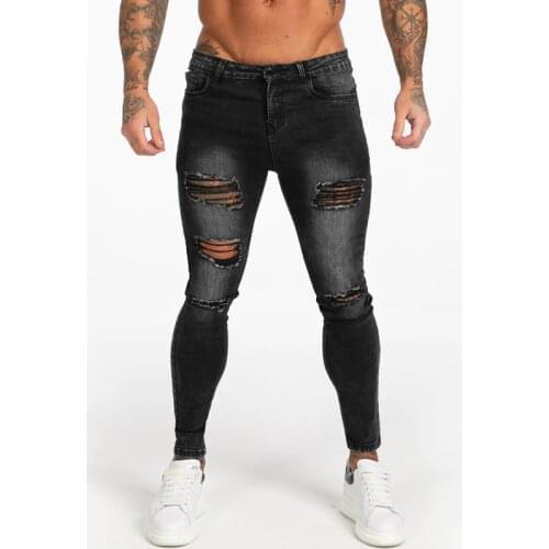 GINGTTO Dark Washed Black Jeans for Men Slim Fit Men’S Denim Jeans Casual Ripped Jeans Men Elastic Waist zm112