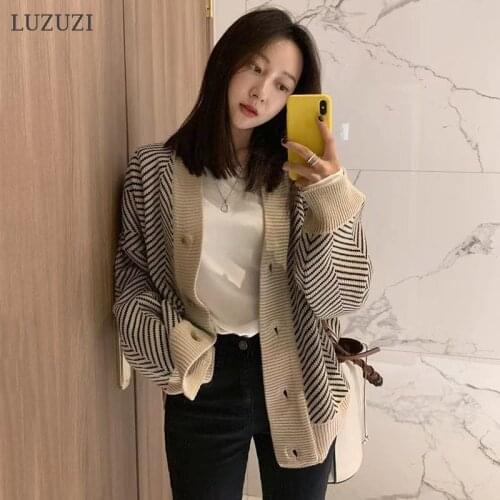 LUZUZI Korean Autumn Casual V Neck Cardigan Female 2021 Knitted Single Breasted Loose Oversized Sweater Women Top Jacket Coat