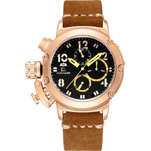 Automatic Self Wind Mechanical Genuine Brown Leather Multifunction Date Boat Month Luminous Limited Rose Gold Bronze U Men Watch